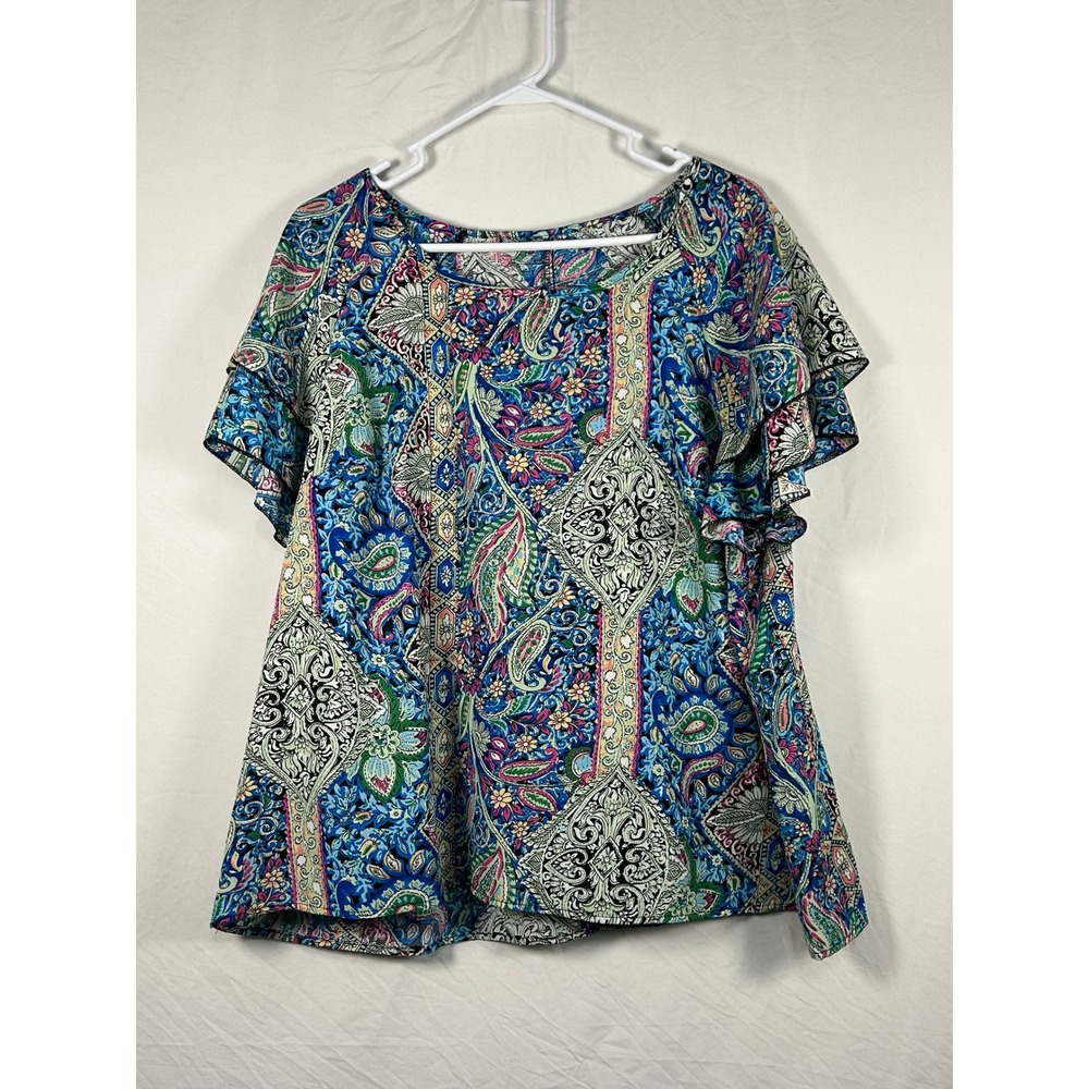 SHEIN Curve Blouse Womens 3XL Blue Paisley Ruffle Sleeve Medallion Top